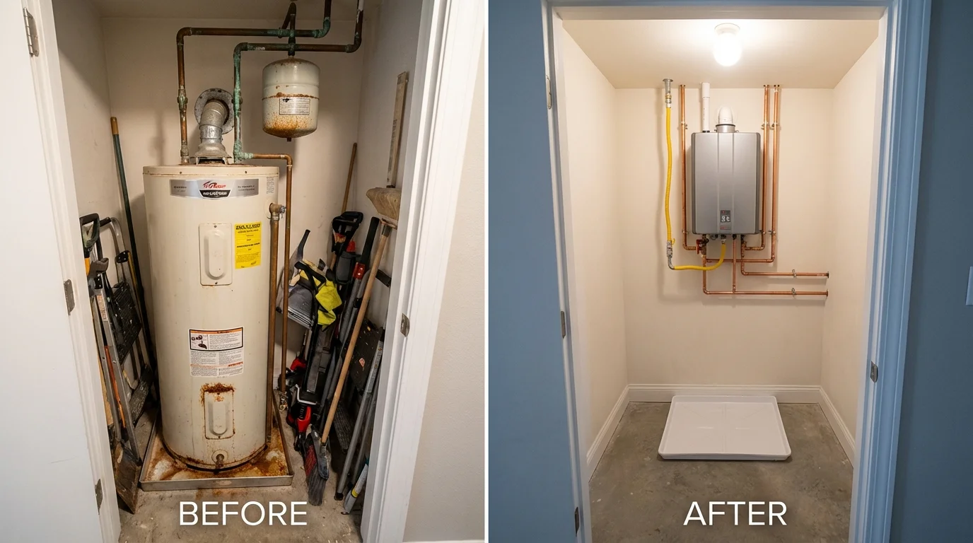 Tank water heater versus wall-mounted tankless unit comparison for Virginia, IL homeowners