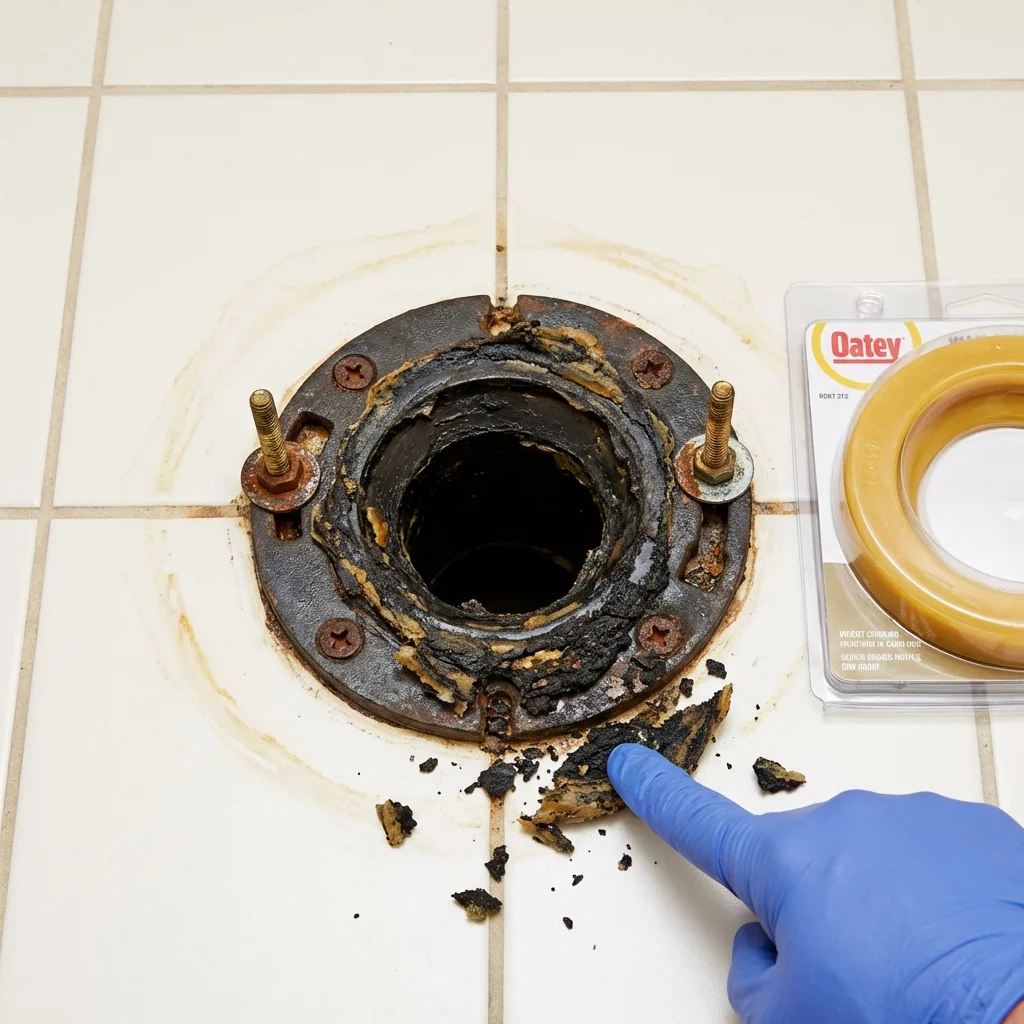 Failed wax ring showing water seepage at the base of a toilet in a Virginia, IL home