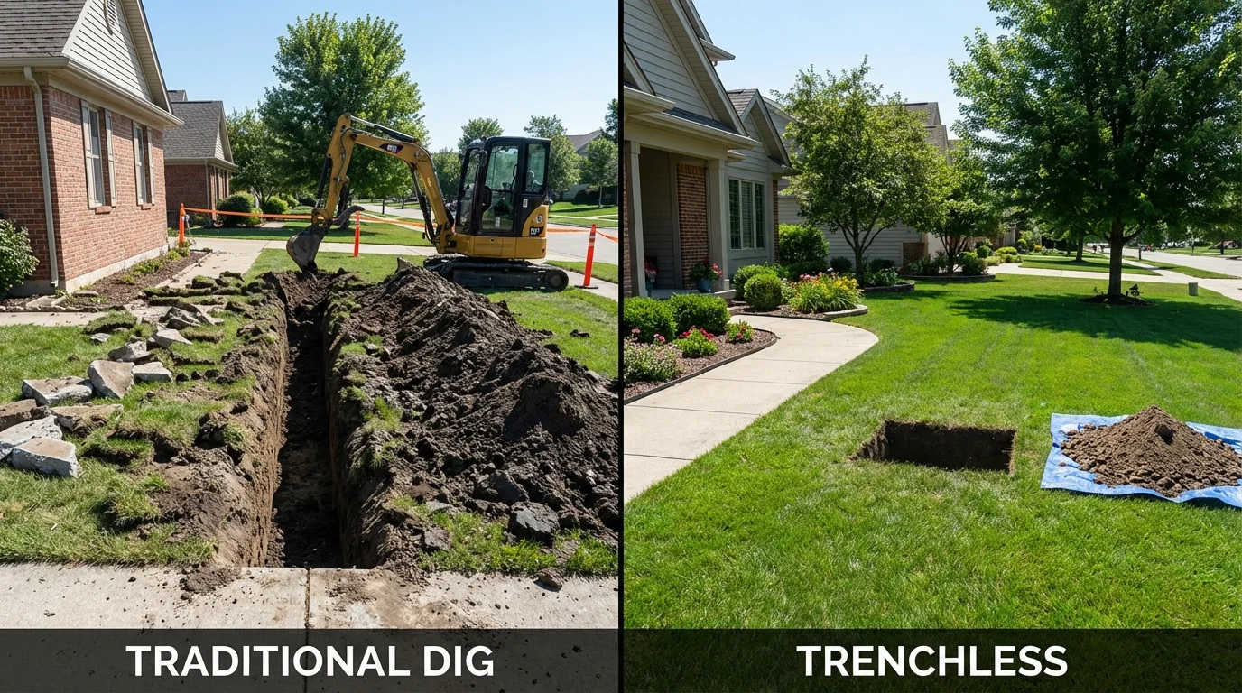 Trenchless sewer repair with minimal yard damage versus traditional excavation in Virginia, IL