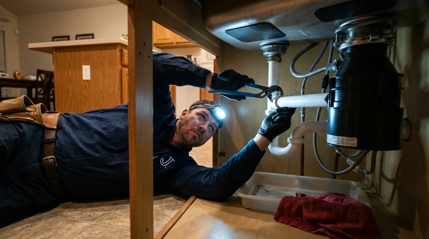 P-trap and supply line connections under a kitchen sink showing a common leak point in Virginia, IL